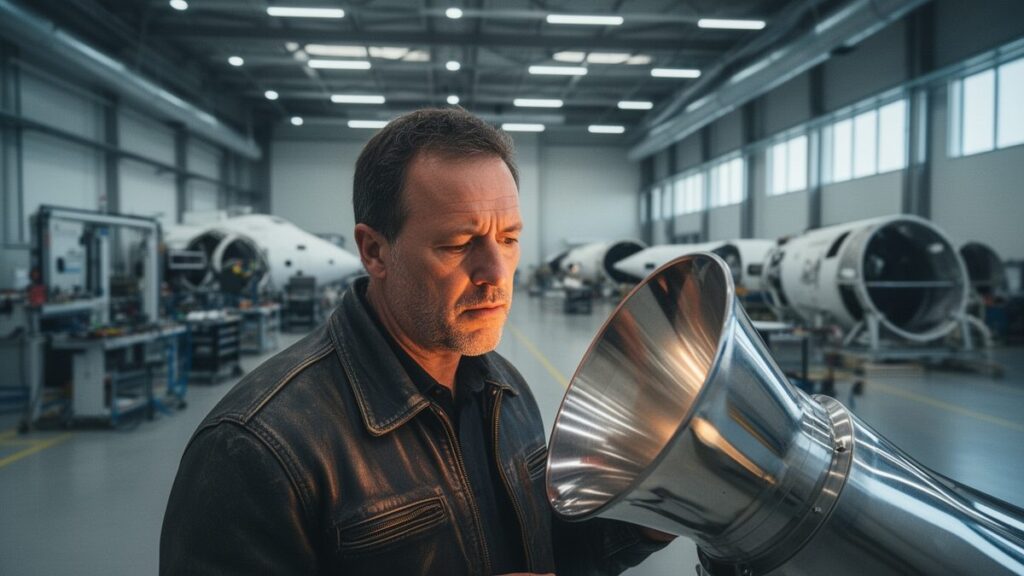 Aerospace engineer inspecting a polished rocket engine nozzle on the floor of a modern spaceflight factory