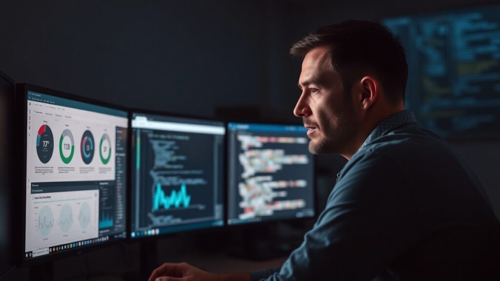 IT consultant reading dashboards and code across three monitors in a dim office
