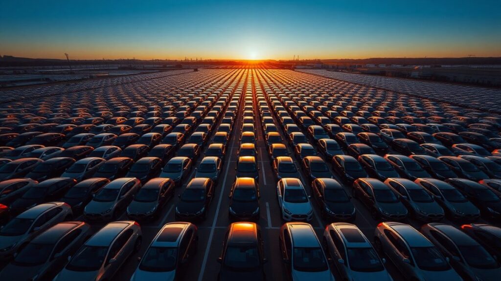 Hundreds of new cars parked in neat rows at a vast distribution lot at golden hour