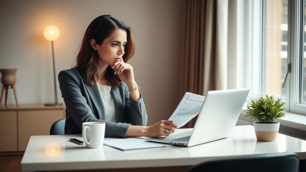 Woman investor reviewing a portfolio on a laptop at a clean desk in a modern apartment