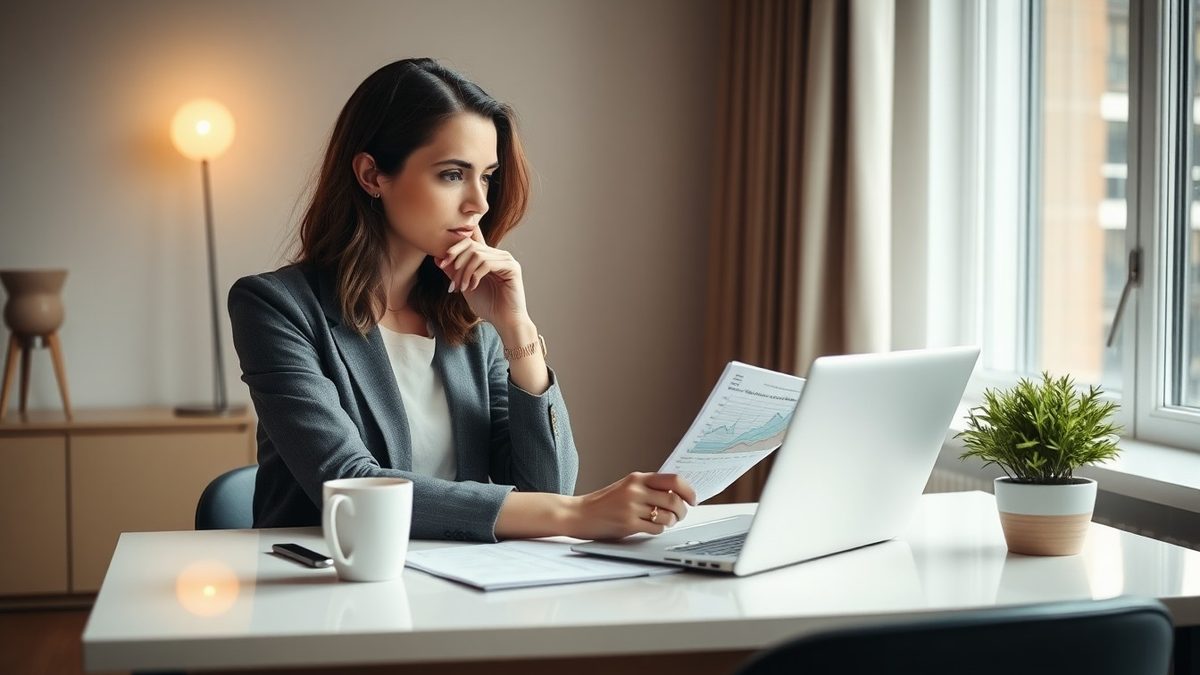 Woman investor reviewing a portfolio on a laptop at a clean desk in a modern apartment