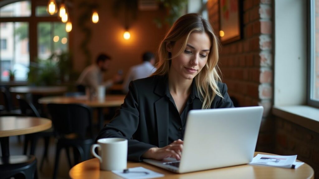 Small business owner studying stock charts on a laptop at a wooden cafe table