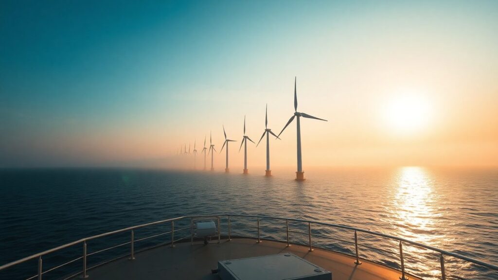 Offshore wind turbines rising from a calm sea at sunrise seen from a service vessel