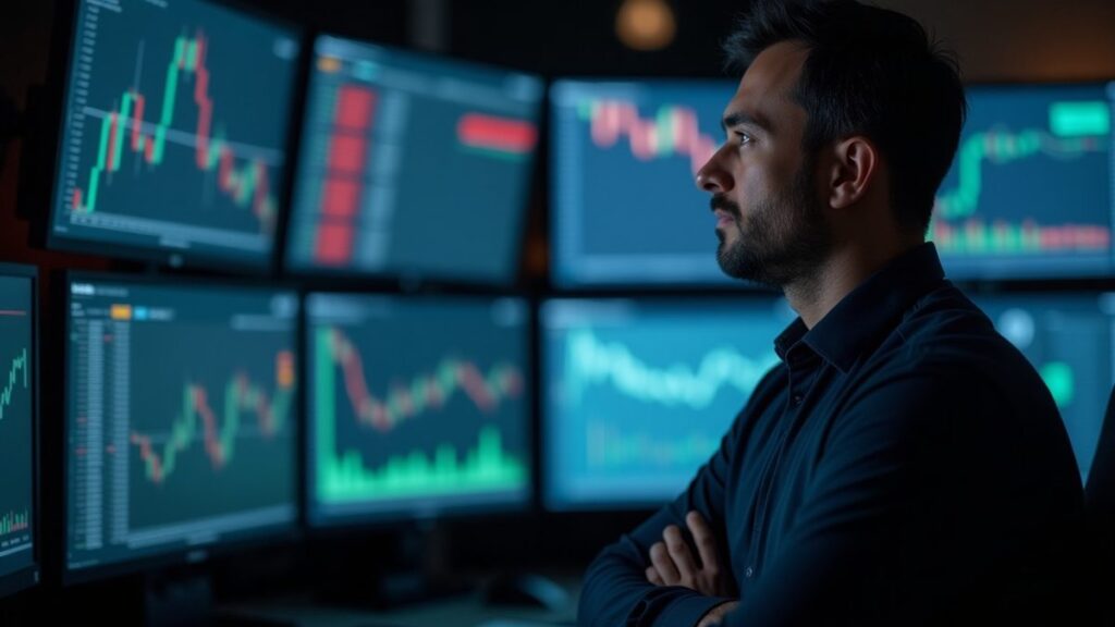 Financial trader studying a wall of market screens in a dim trading room