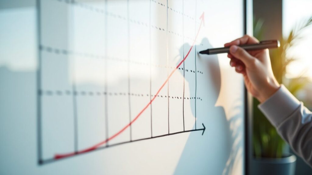 Entrepreneur sketching a rising growth curve on a whiteboard in a startup office