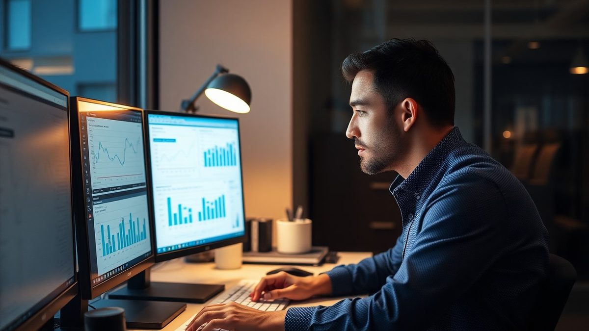 Finance analyst reviewing spreadsheets across dual monitors in a modern office in the evening