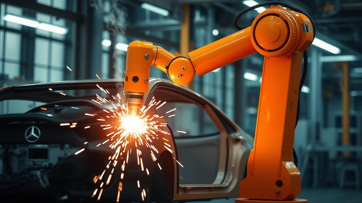 Orange robotic arm welding a car body on an automotive assembly line