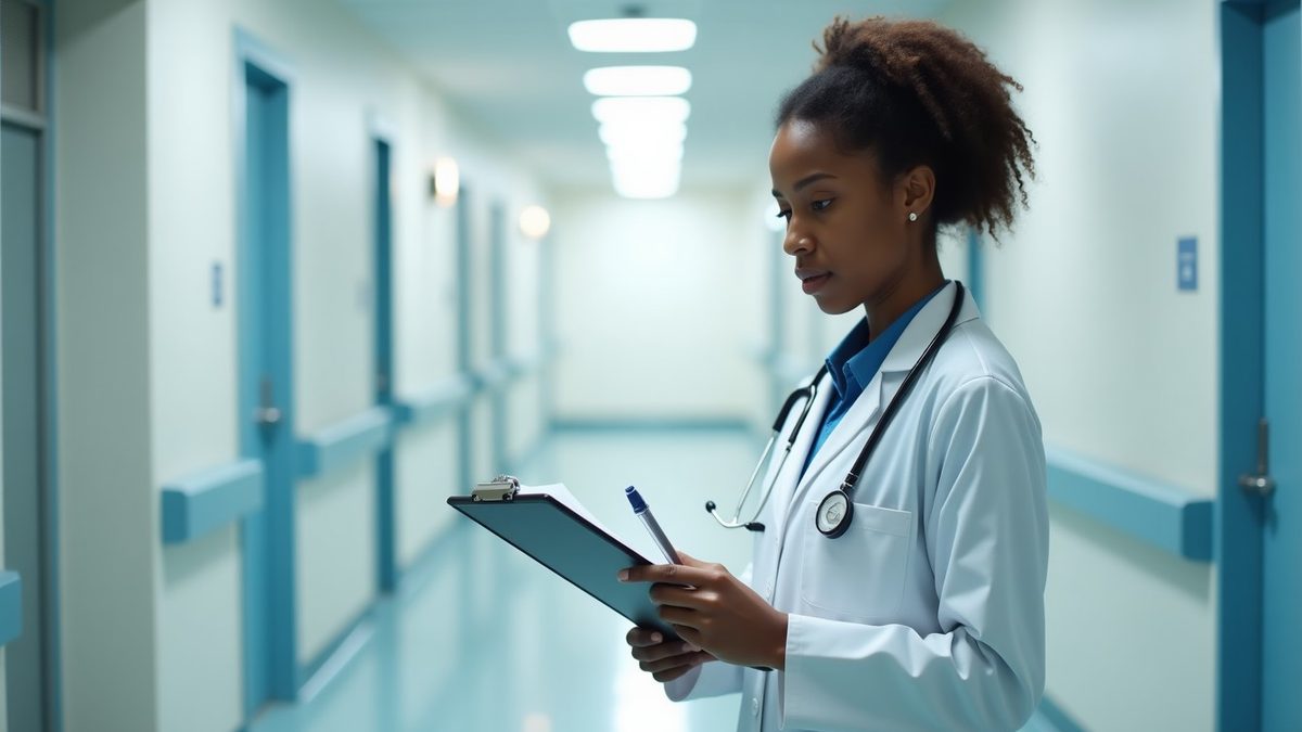 Hospital department head reviewing notes on a clipboard in a bright corridor