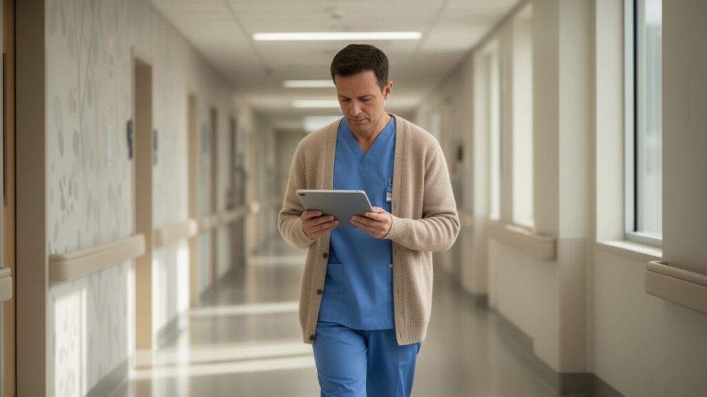 Hospital administrator reviewing patient data on a tablet in a bright modern hospital corridor