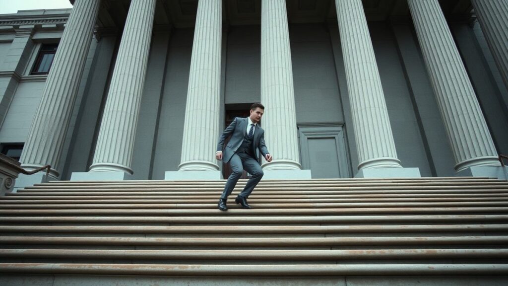 Businessman climbing the stone steps of a neoclassical government building
