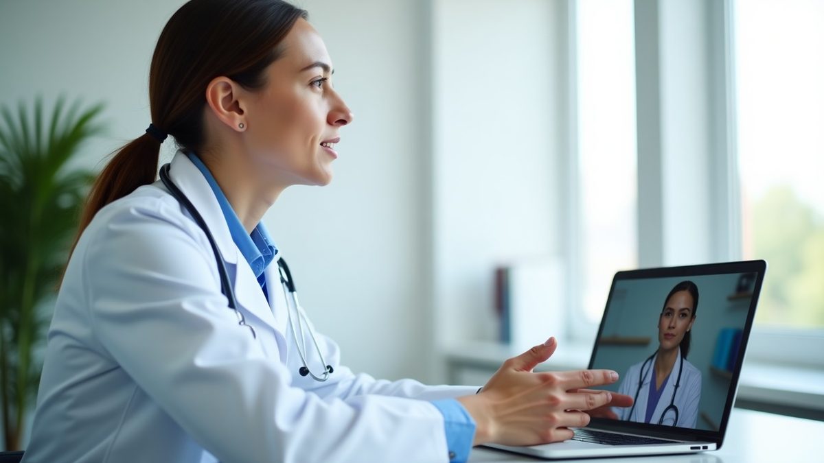 Doctor conducting a telehealth video consultation on a laptop in a bright clinic