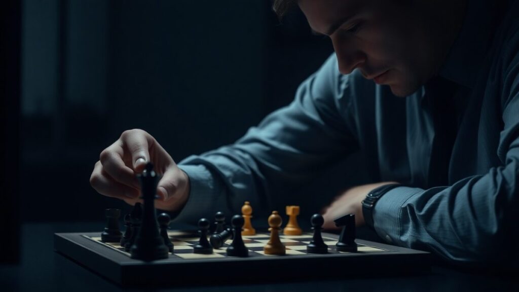 Businessman studying a chessboard mid-game under dramatic side light
