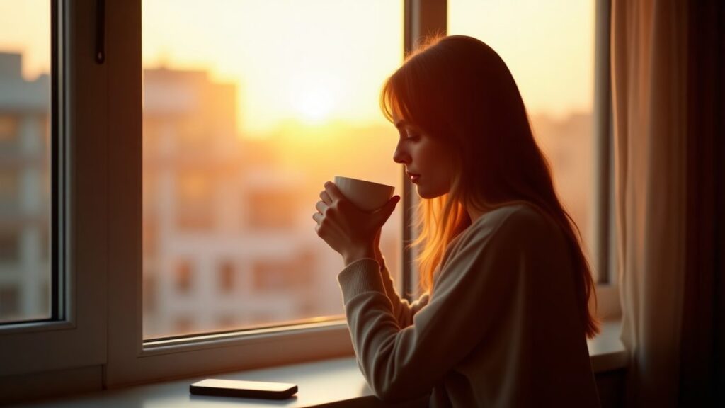 Calm woman drinking coffee by a large window at dawn with her phone resting face down