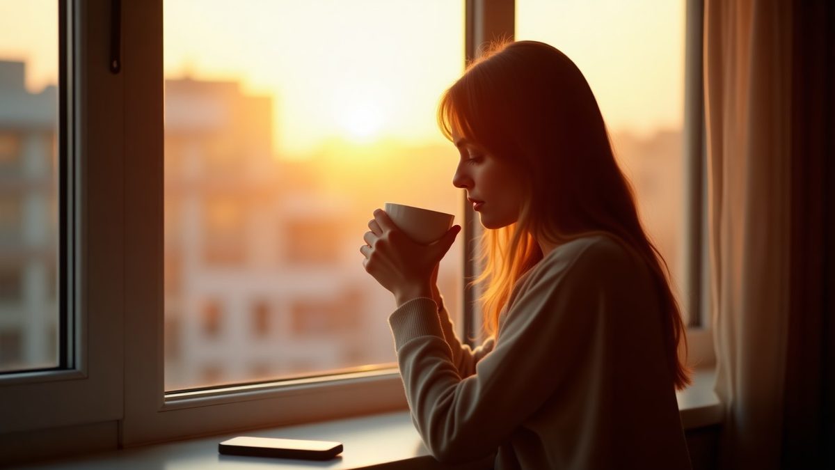 Calm woman drinking coffee by a large window at dawn with her phone resting face down