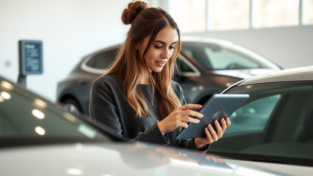 Young woman configuring a car on a tablet in a minimalist modern EV showroom