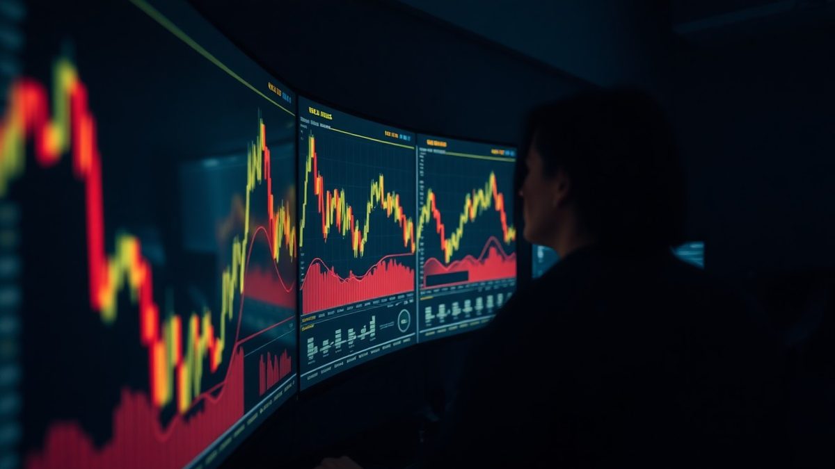 Glowing financial charts on a curved monitor with a faint viewer reflection in a dim room