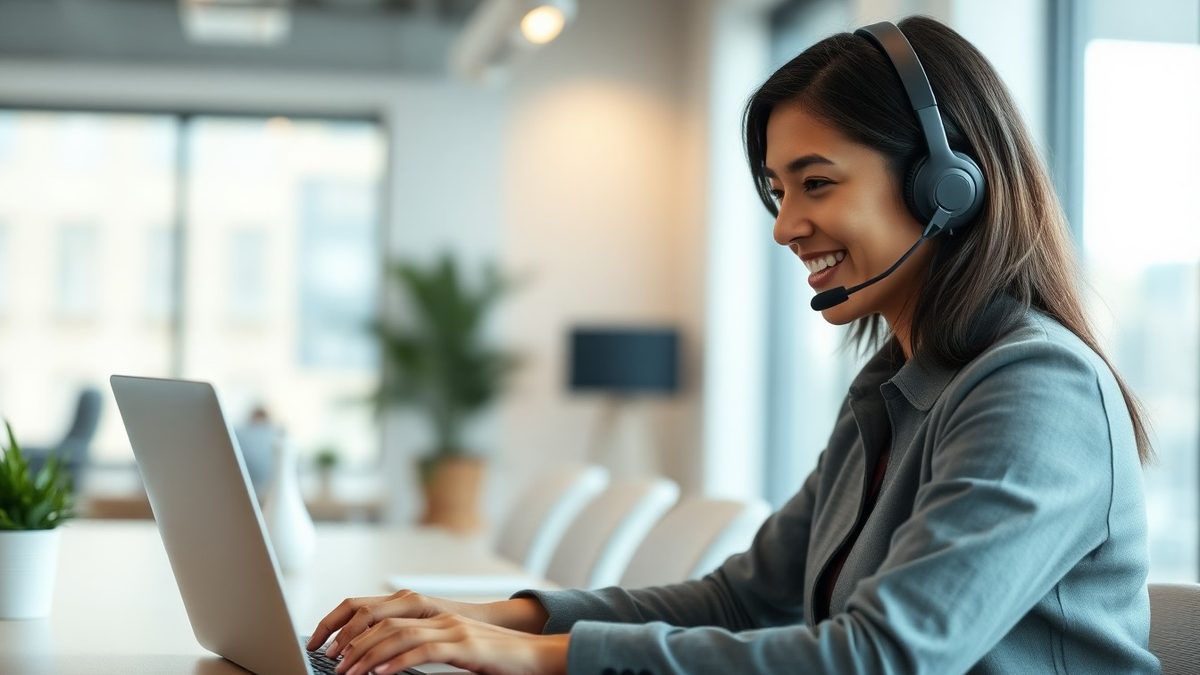 Customer success manager wearing a headset smiling at a laptop during a call