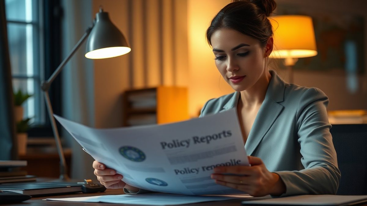 Professional woman reading a printed policy report at a desk under warm lamp light