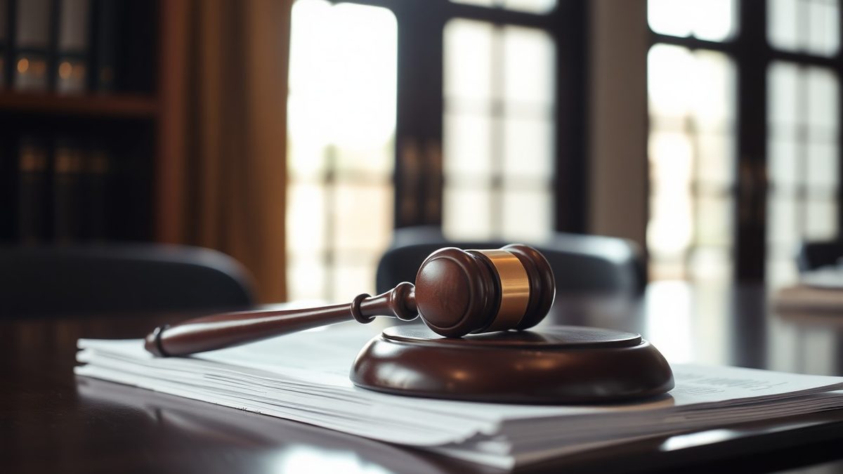 Wooden judge's gavel resting on a stack of legal documents on a desk