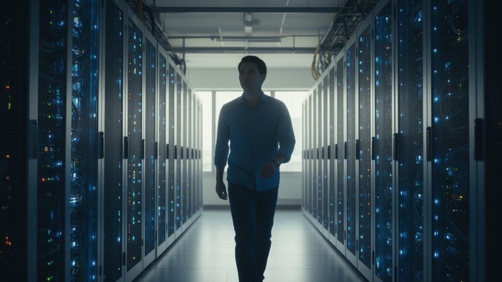 IT engineer walking between glowing server racks in a modern data center