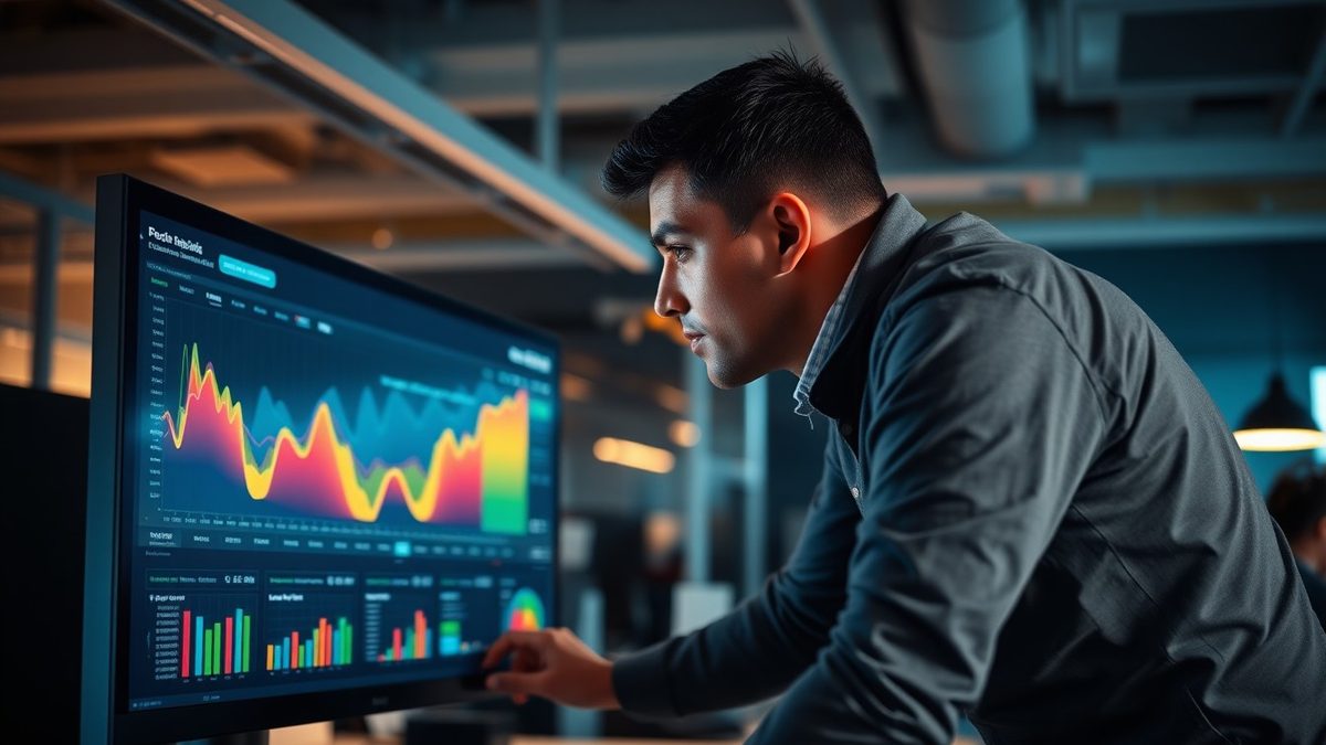 Developer reviewing a colorful data dashboard on a large monitor in a modern office