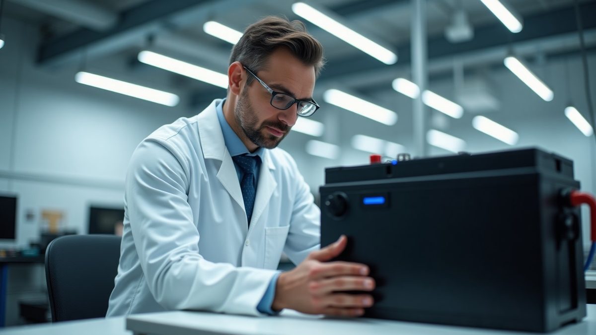Engineer in a white coat examining a large EV battery pack on a bench in a clean lab