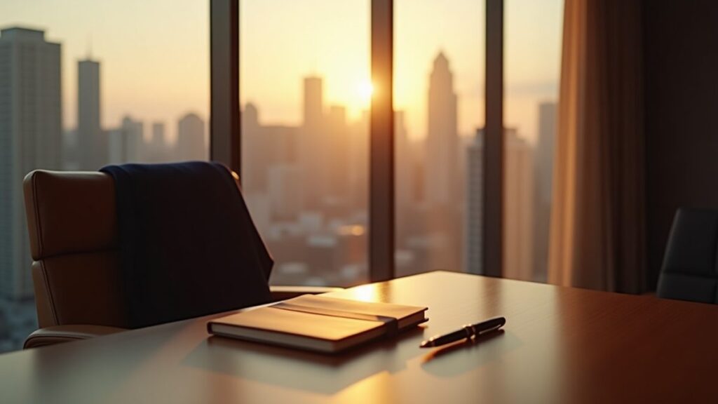 Confident executive in a tailored navy suit standing in a glass corner office overlooking a city