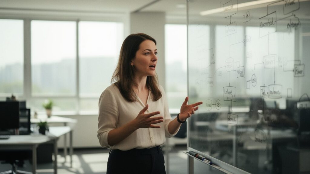 Software engineer explaining a system diagram on a glass whiteboard in a modern tech office