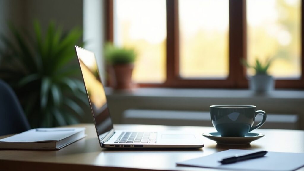 Tidy newsroom desk with an open laptop, notebook, and coffee by a large window in the morning