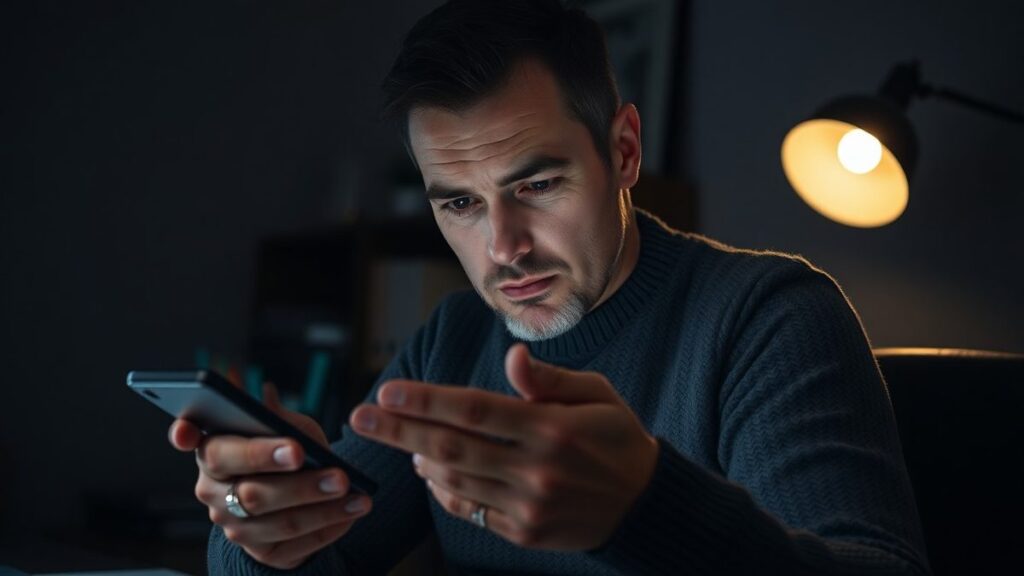 Investor watching a falling market chart on his phone in a dim home office at night