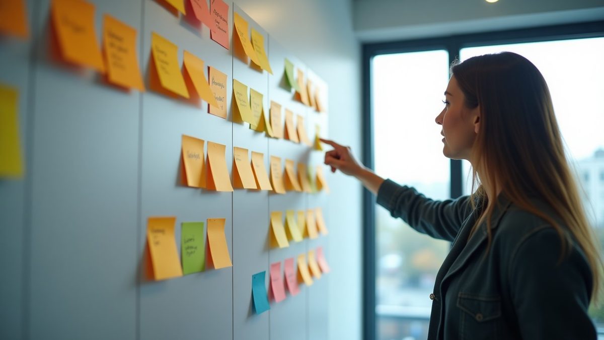 Team lead pointing at a wall-mounted kanban board covered in colored sticky notes