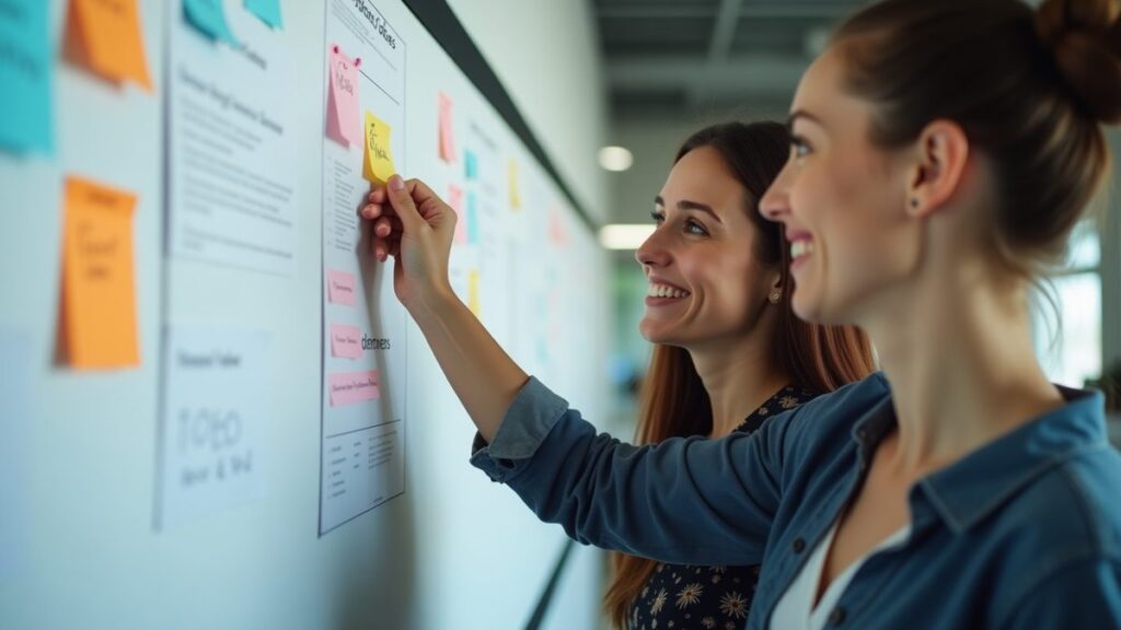 Team manager pinning a note to a wall of employee ideas in a bright open-plan office