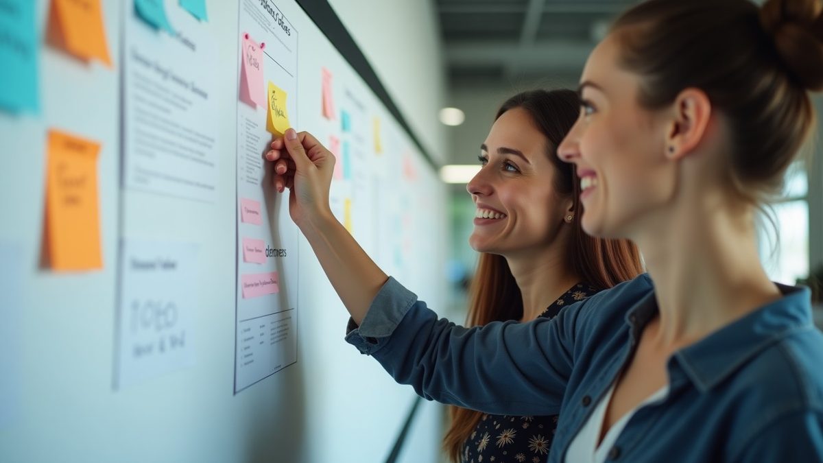 Team manager pinning a note to a wall of employee ideas in a bright open-plan office